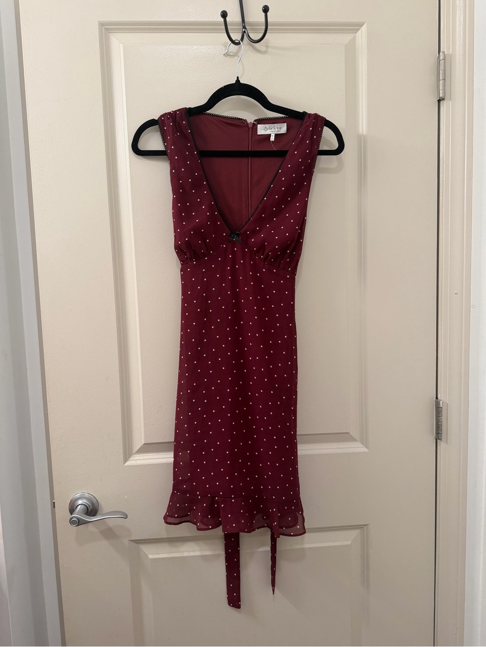 WAYF Burgundy Sleeveless Tie Back Polka Dot Lace Bow Dress with Flutter Hem